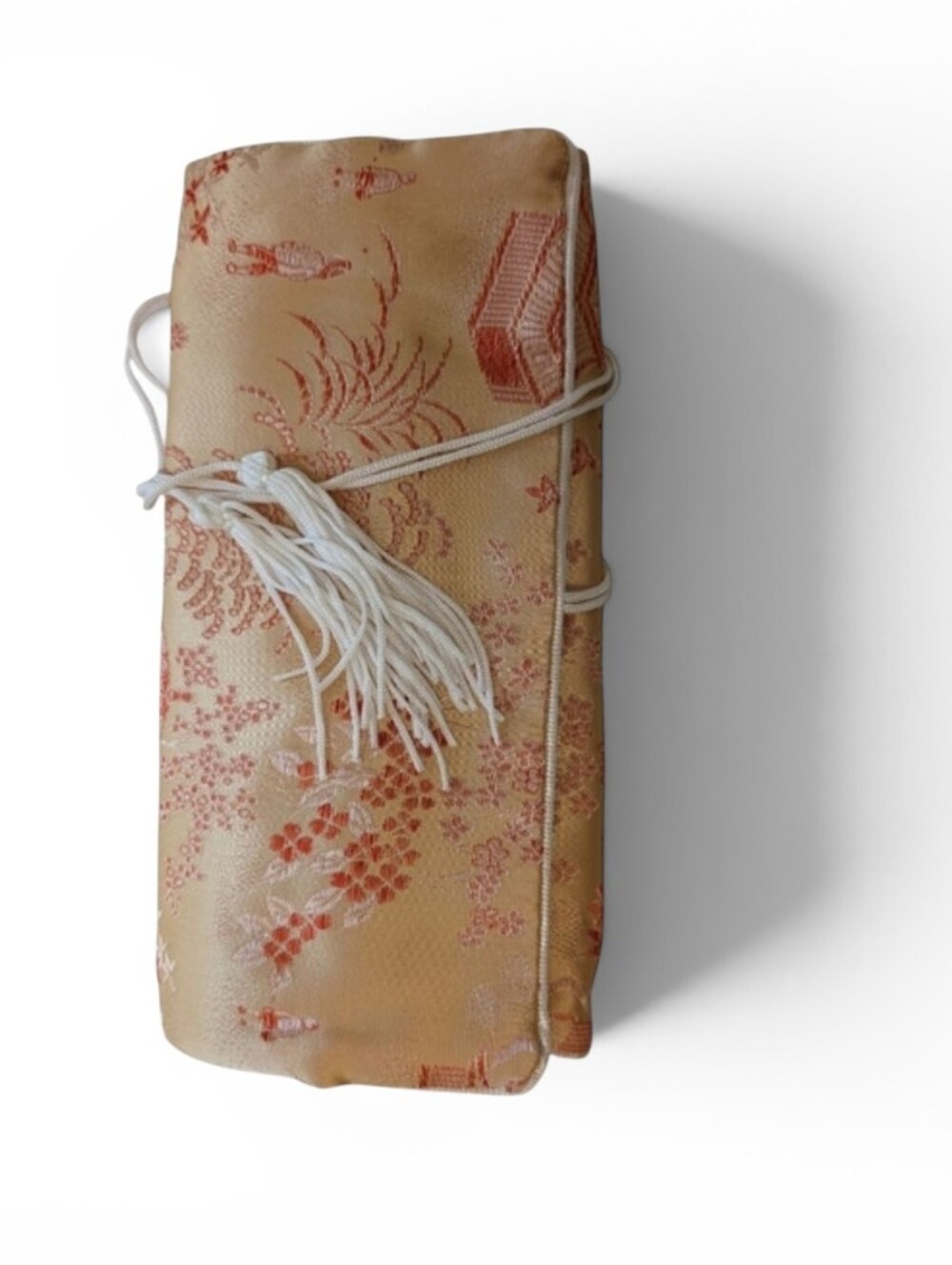 VINTAGE Jewelry Roll Travel Case Cream Coral Red Asian Satin